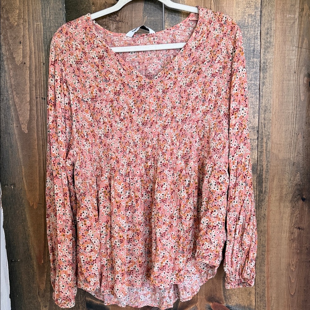 Floral V-Neck Long-Sleeve Blouse - Pink